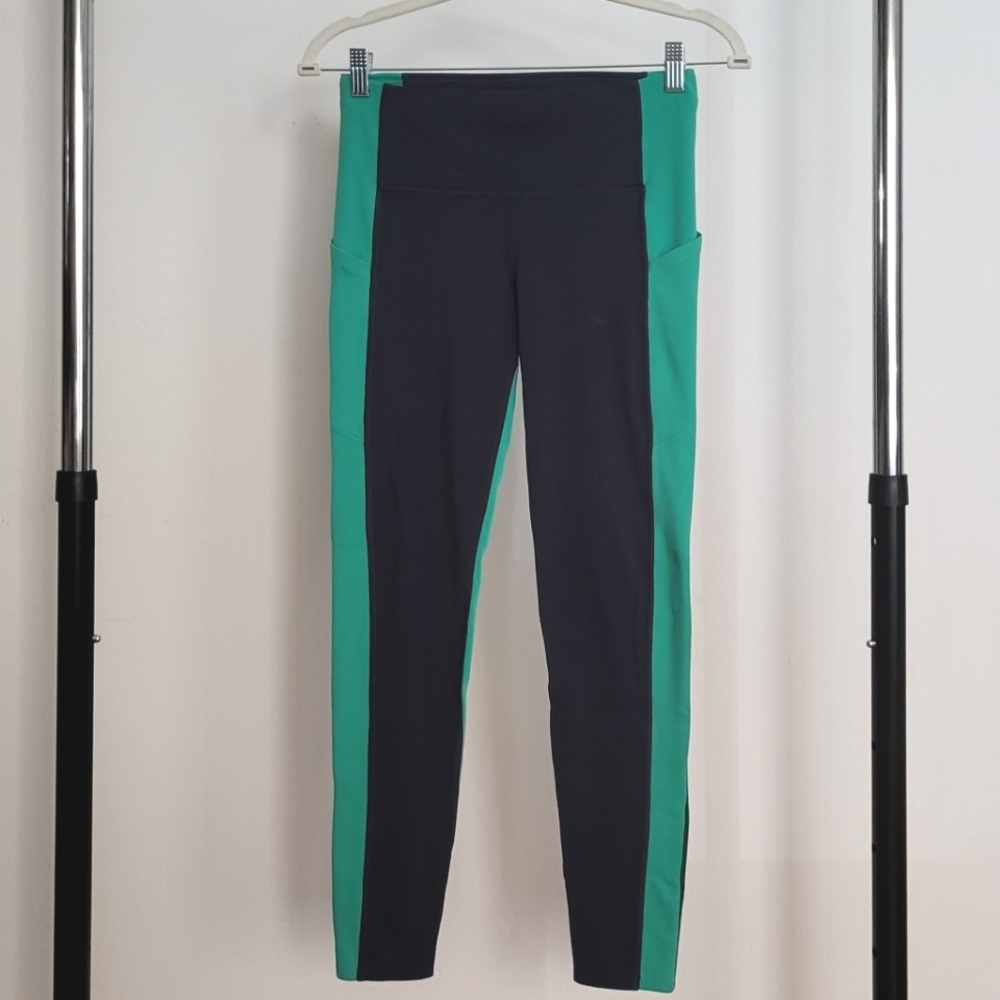 Athleta Navy Leggings Green Side Stripe Size Small Tall